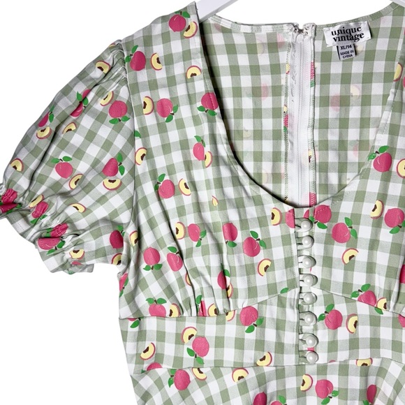 Unique Vintage Gingham & Peaches Swing Dress Size XL/14 NWT - Picture 4 of 8